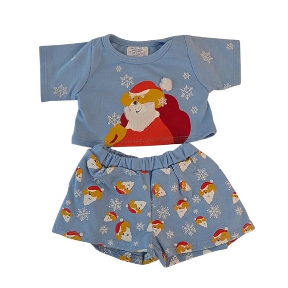 Build-A-Bear Clothes Santa Claus Blue Pajama Set Shirt Shorts Outfit Snowflakes - Picture 1 of 3
